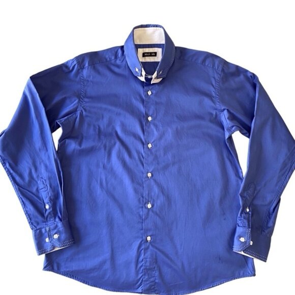 Mr.Smith men dress button up shirt blue white collar long sleeve 100% cotton XL - Picture 4 of 12